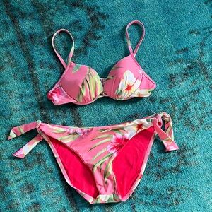 Athena Vibrant Pink Bikini with Floral Trim Bottoms Size 8 Top Size 6